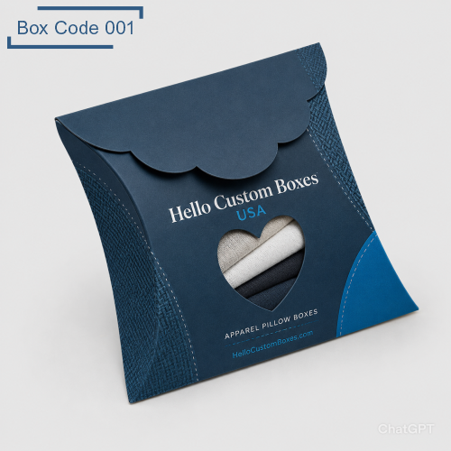 Custom apparel pillow boxes packaging with a heart-shaped die-cut window, premium blue printed design, and curved pillow box structure for clothing and fashion products.