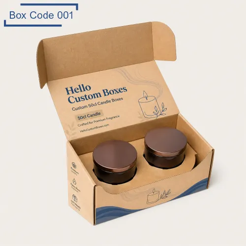 Kraft 50cl candle boxes with inserts holding two candle jars securely in a branded open mailer-style box.
