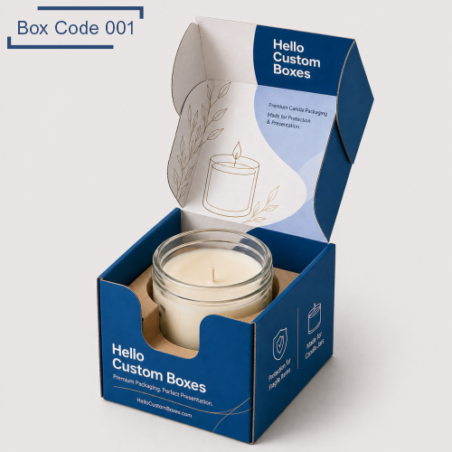 Single candle box with insert and open lid, designed for premium jar candle packaging with branded printed details.