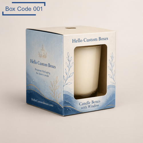 Premium candle window boxes in blue and white, showcasing a white candle. Designed for retail display, gifting, and luxurious presentation.