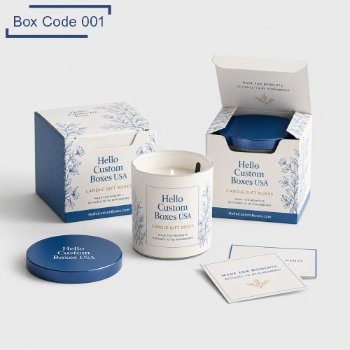 White and blue candle gift boxes with removable lid, displaying a frosted candle and gift cards inside. Perfect for premium gifting and retail presentation.