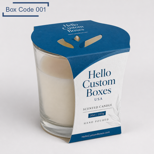 Custom scented candle sleeves packaging with die-cut top handle, glass jar visibility, and Hello Custom Boxes USA printed branding.