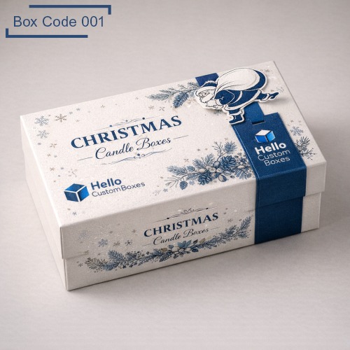 Rectangular Christmas candle boxes for gift, featuring festive Santa illustration, pine foliage decoration, and blue ribbon strap with Hello Custom Boxes branding. Designed for two candles, premium winter-themed packaging.