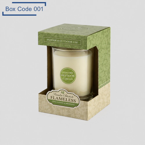 Green printed window candle display boxes designed to display a single glass jar candle with front visibility.