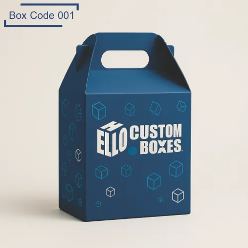Custom printed gable coffee boxes with die-cut handle, blue branded packaging for coffee beans and takeaway products.