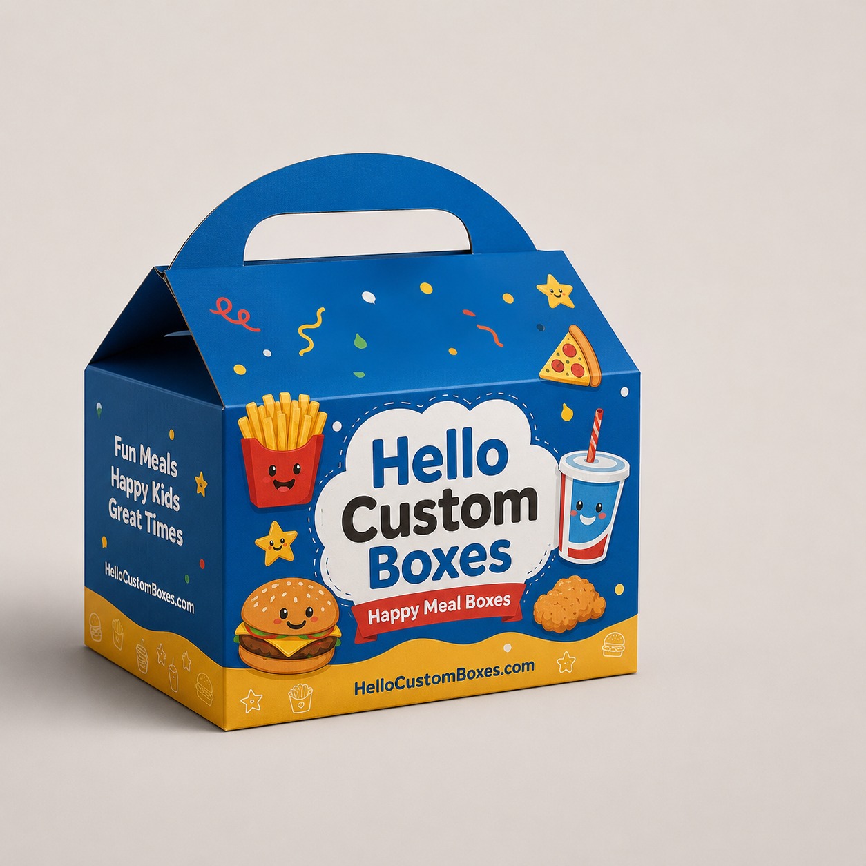 custom happy meal boxes showing interior and colorful design with Hello Custom Boxes branding