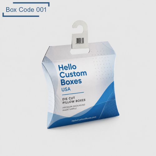 Custom die cut pillow boxes with hanging tab and printed branding for retail display packaging