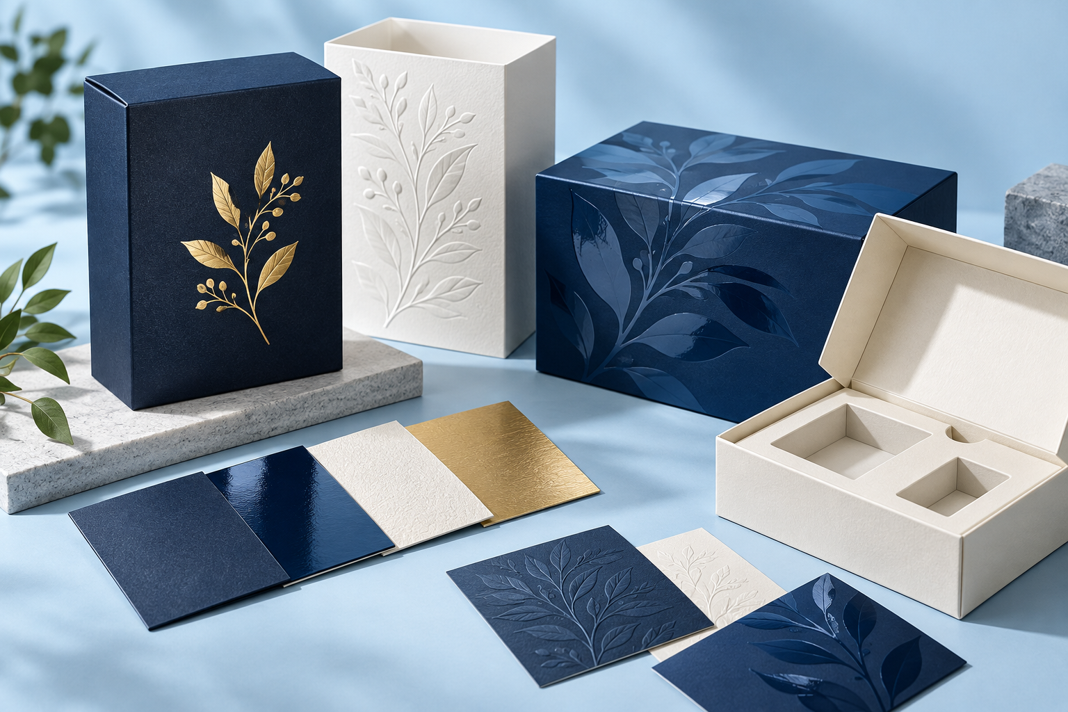 Illustrative navy and cream packaging with foil, relief, gloss accents and a paper insert