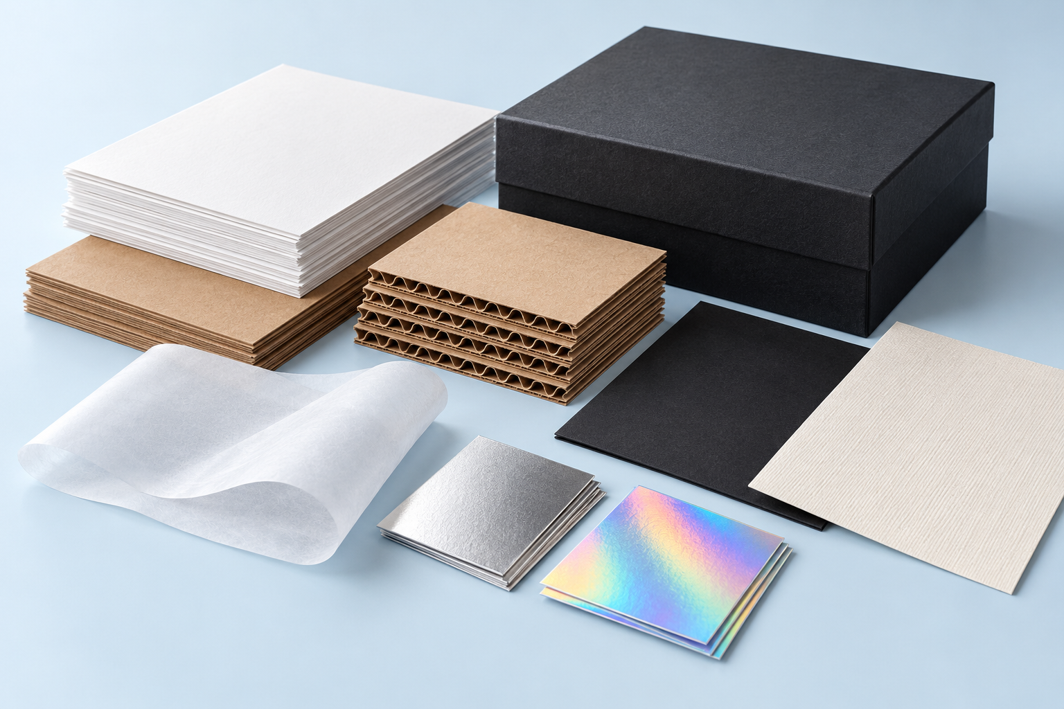 Illustrative collection of paperboard, kraft, corrugated, rigid packaging and specialty material samples