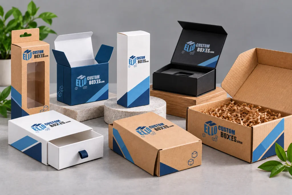 Custom branded packaging boxes in different structures with blue and kraft finishes
