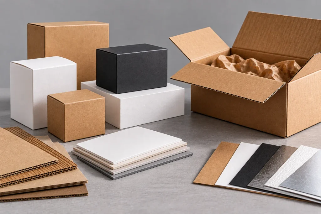Different packaging materials and box styles arranged for material selection