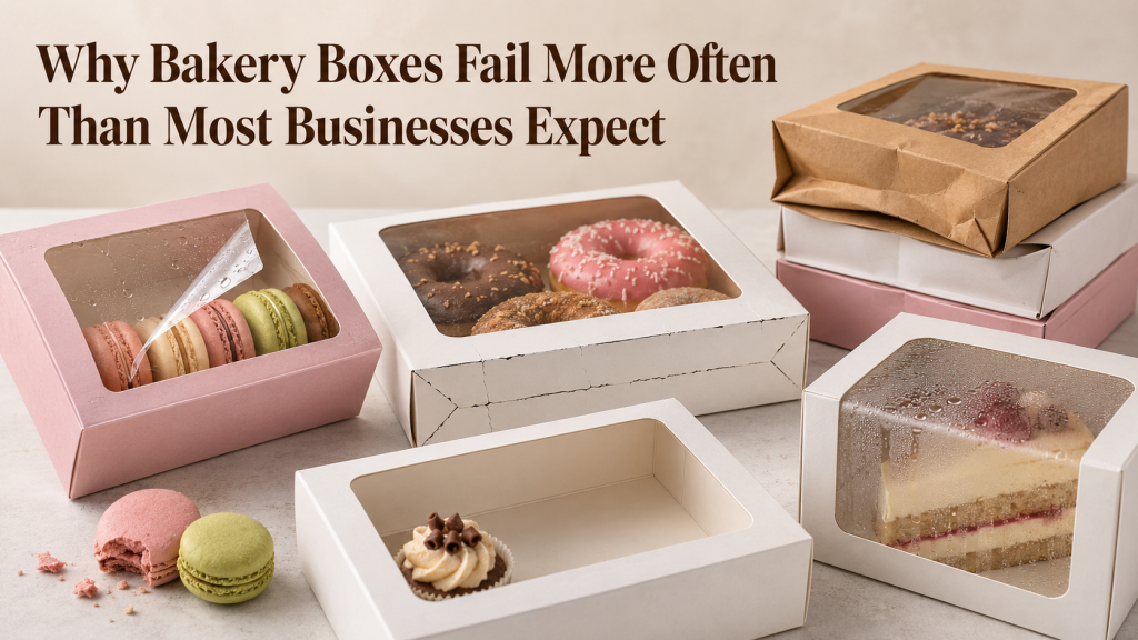 Bakery boxes showing common packaging problems, including peeling window film, condensation, cracked folds, weak stacking, and excess empty space around baked goods.