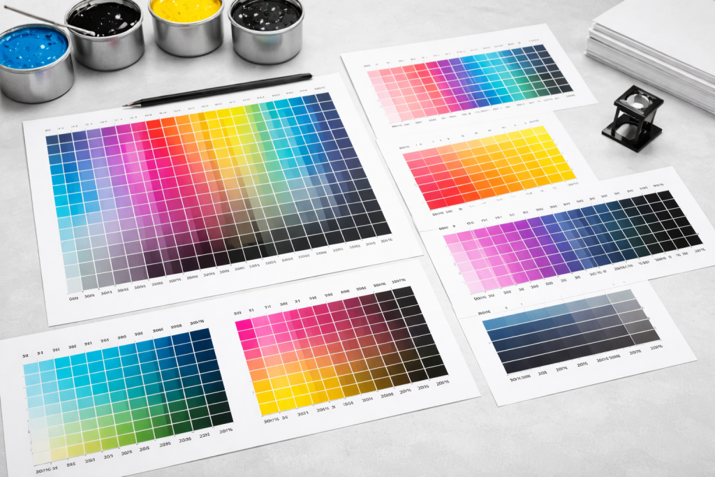 Printed CMYK color swatches used for print accuracy