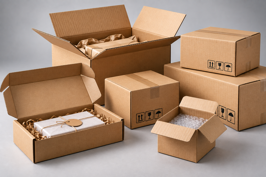 Corrugated packaging boxes in different sizes for shipping, storage, and protective product packaging.
