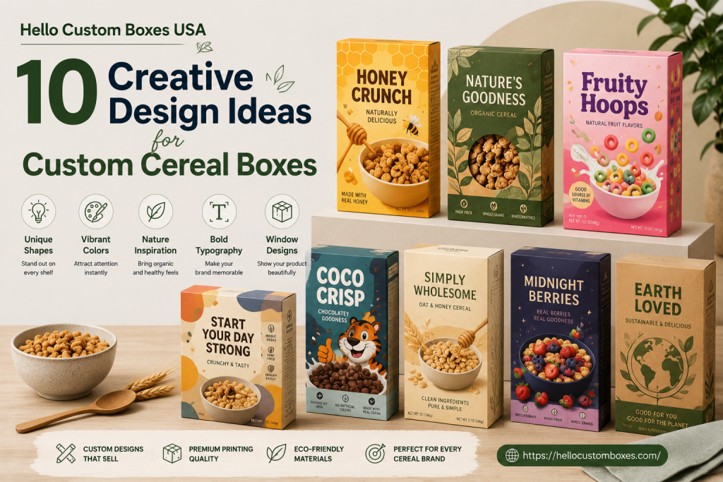 Creative custom cereal box packaging designs featuring colorful branding, eco-friendly cereal packaging concepts, window cereal boxes, and premium printed cardboard cereal boxes by Hello Custom Boxes USA