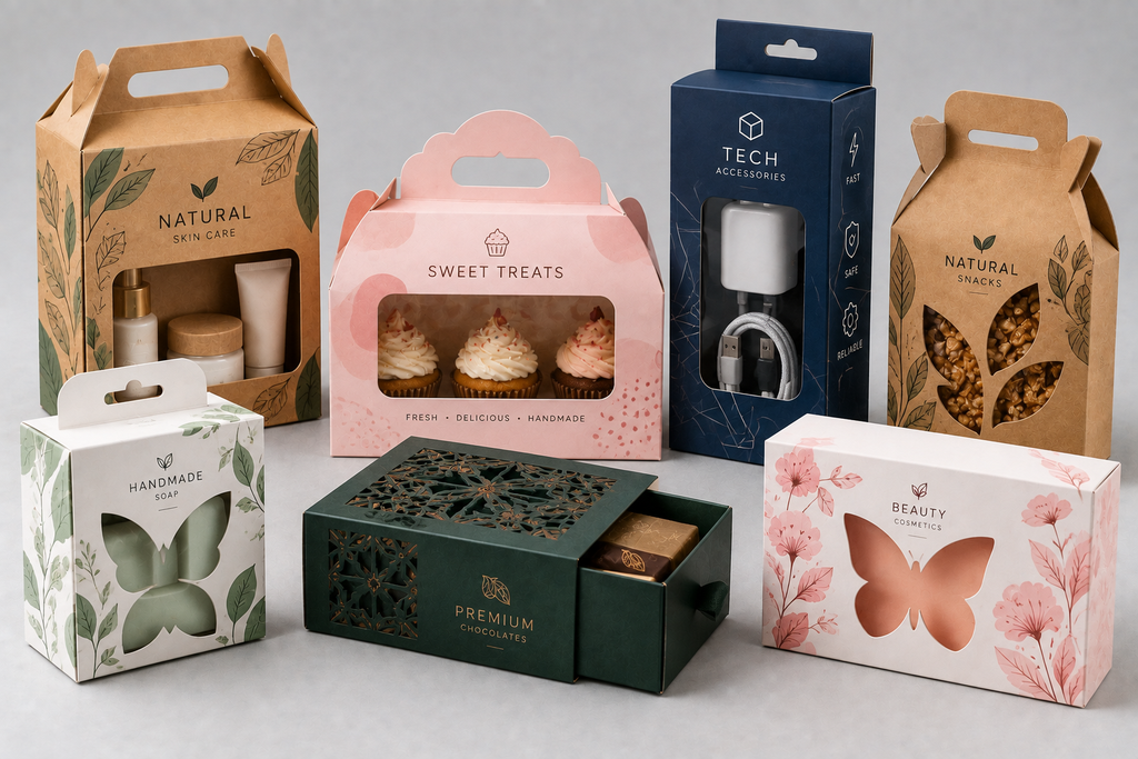 Custom die-cut packaging boxes with windows, handles, and cutout shapes for cosmetics, food, tech, soap, and retail products.