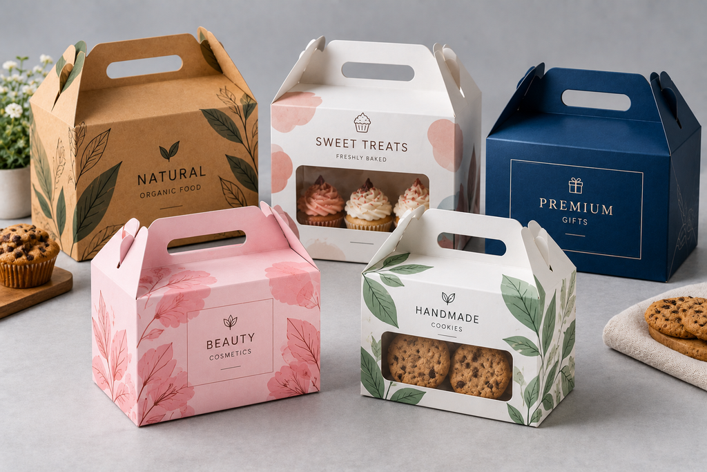 Custom gable boxes with built-in handles for food, gifts, cosmetics, bakery items, and retail packaging.