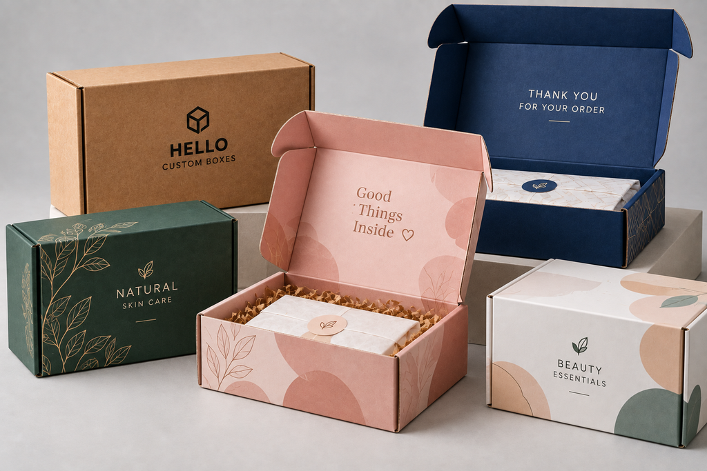 Custom mailer boxes in kraft and printed styles for ecommerce orders, subscription products, and direct shipping.