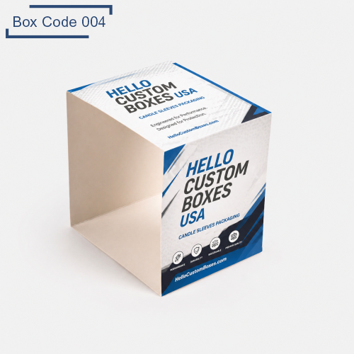Custom open candle sleeve packaging box with Hello Custom Boxes USA branding, blue and white printed panels, and premium retail design.