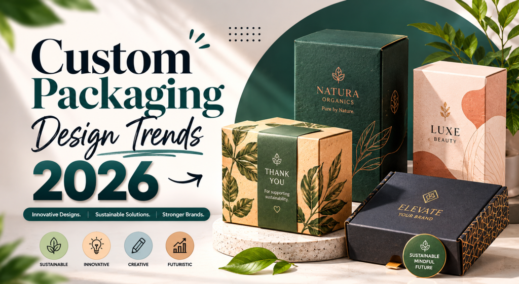 Photorealistic custom packaging boxes including blue mailer- rigid- sleeve tray and kraft box with minimal branding in a premium studio setup