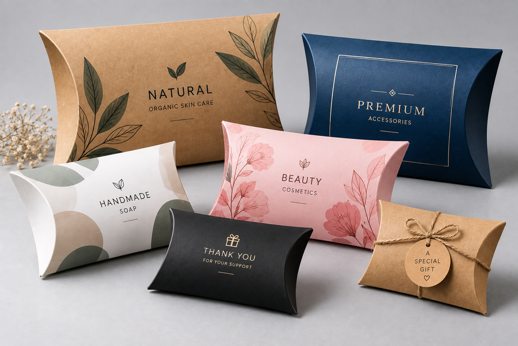 Custom pillow boxes in kraft, white, pink, navy, and black styles for gifts, cosmetics, accessories, and retail packaging.