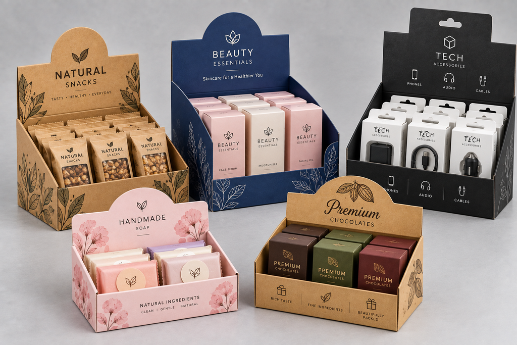Custom display boxes holding snacks, skincare, tech accessories, soap, and chocolates for organized retail counter presentation.