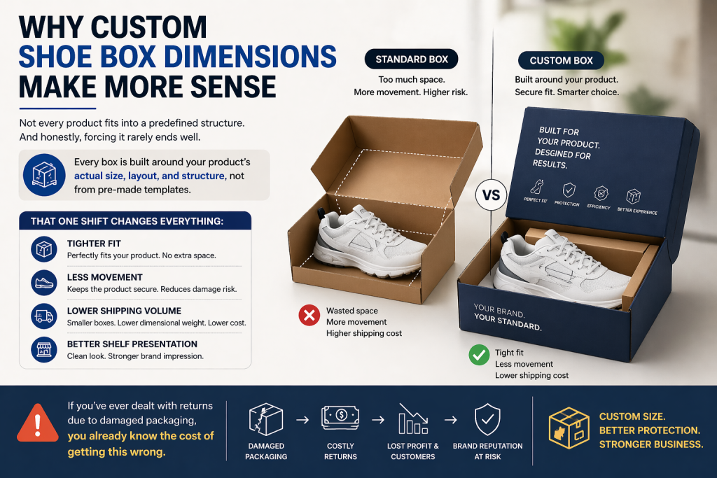 Infographic showing benefits of custom shoe box dimensions including tighter fit- reduced movement- lower shipping volume- and improved product protection compared to standard boxes