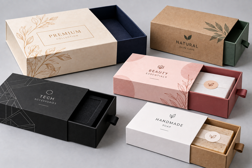 Custom tray and sleeve boxes in premium styles for skincare, soap, beauty, tech accessories, and retail product packaging.