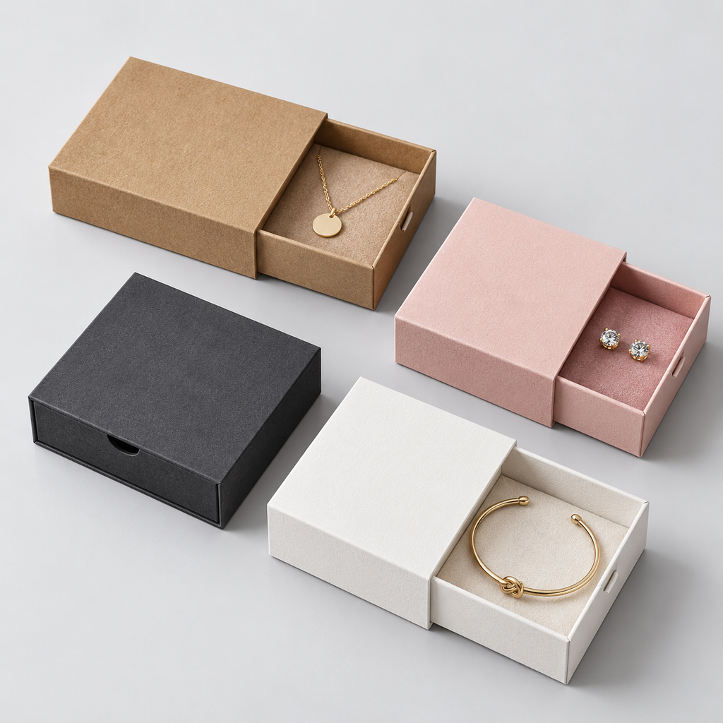 Drawer-style gift boxes with inserts for jewelry and small accessories.