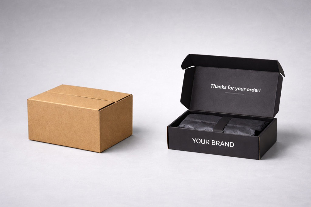 Side-by-side comparison of a generic brown shipping box and a branded ecommerce mailer box highlighting packaging improvements in 2026-