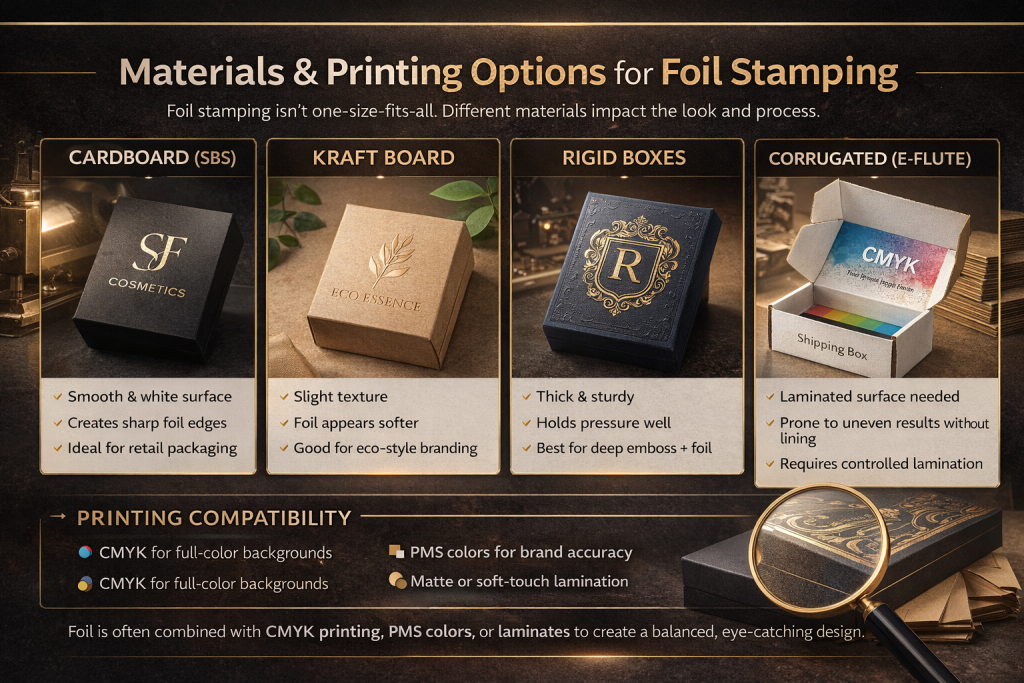 Foil stamping packaging materials comparison showing cardboard, kraft board, rigid boxes, and corrugated packaging with gold foil printing examples, embossing effects, and CMYK print compatibility for luxury custom packaging.