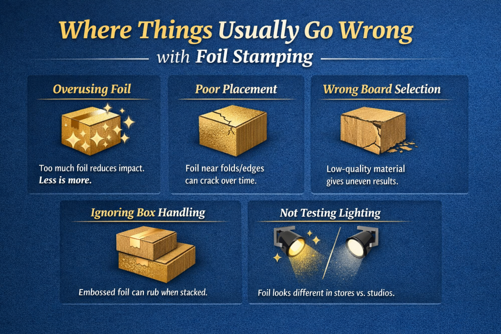 Common foil stamping packaging mistakes infographic showing overusing foil, poor foil placement, wrong board selection, handling damage, and lighting issues affecting luxury packaging print quality and durability.