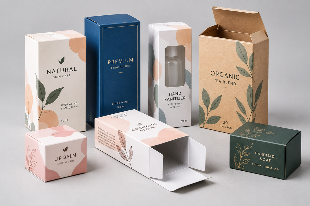 Folding carton boxes in different sizes and styles for skincare, fragrance, soap, tea, and retail products.