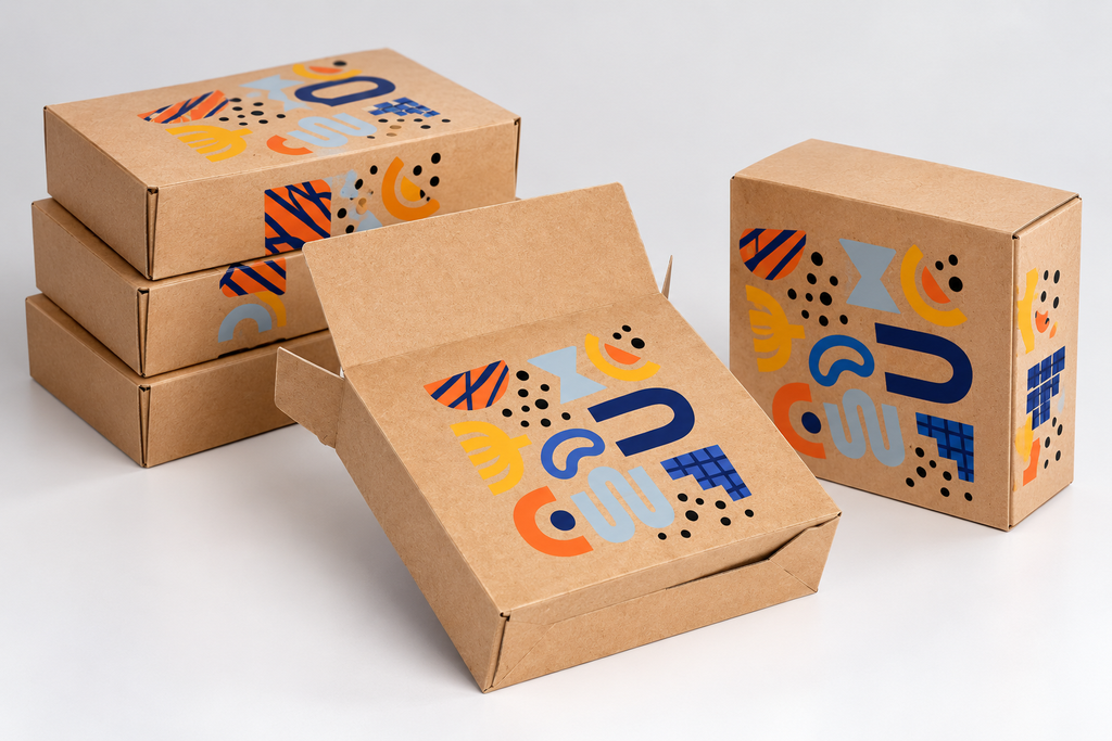Kraft folding cartons in multiple sizes for packing larger quantities of gifts.