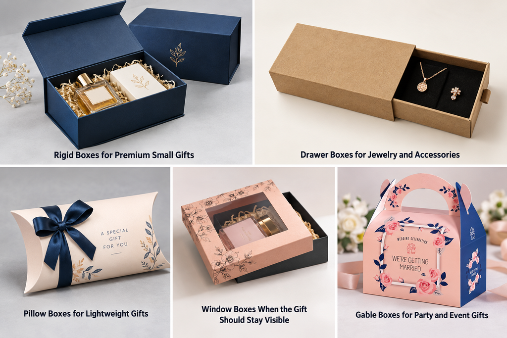 Printed gable boxes with handles for party favors, weddings, and event gifts.