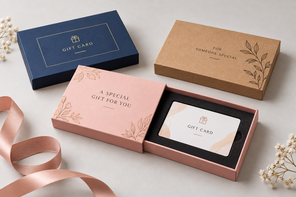 Slim gift card boxes with fitted inserts for cards and other flat gifts.