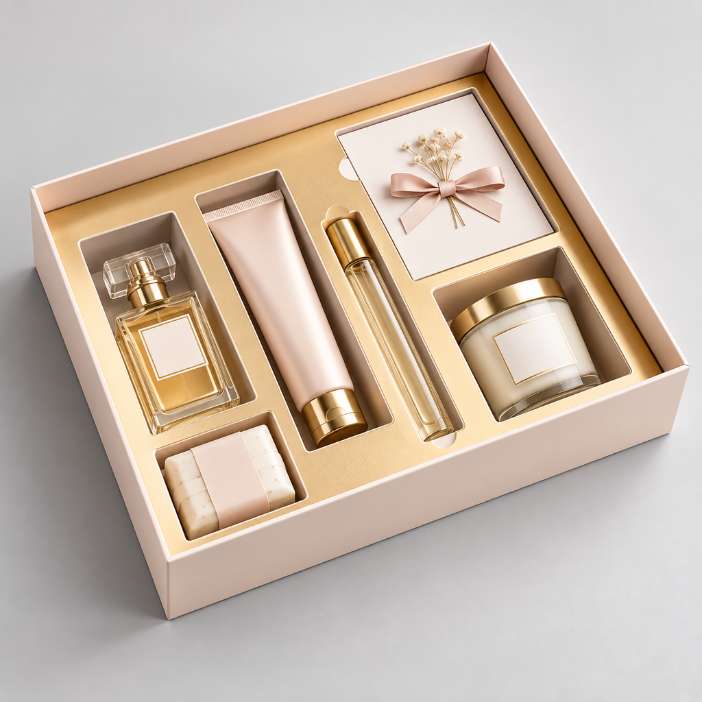 Gift box with fitted inserts holding perfume, skincare, candle, and small gift items.