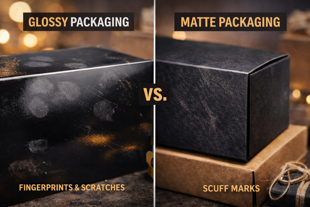 Glossy vs matte packaging comparison showing fingerprints and scratches on glossy boxes and scuff marks on matte packaging.