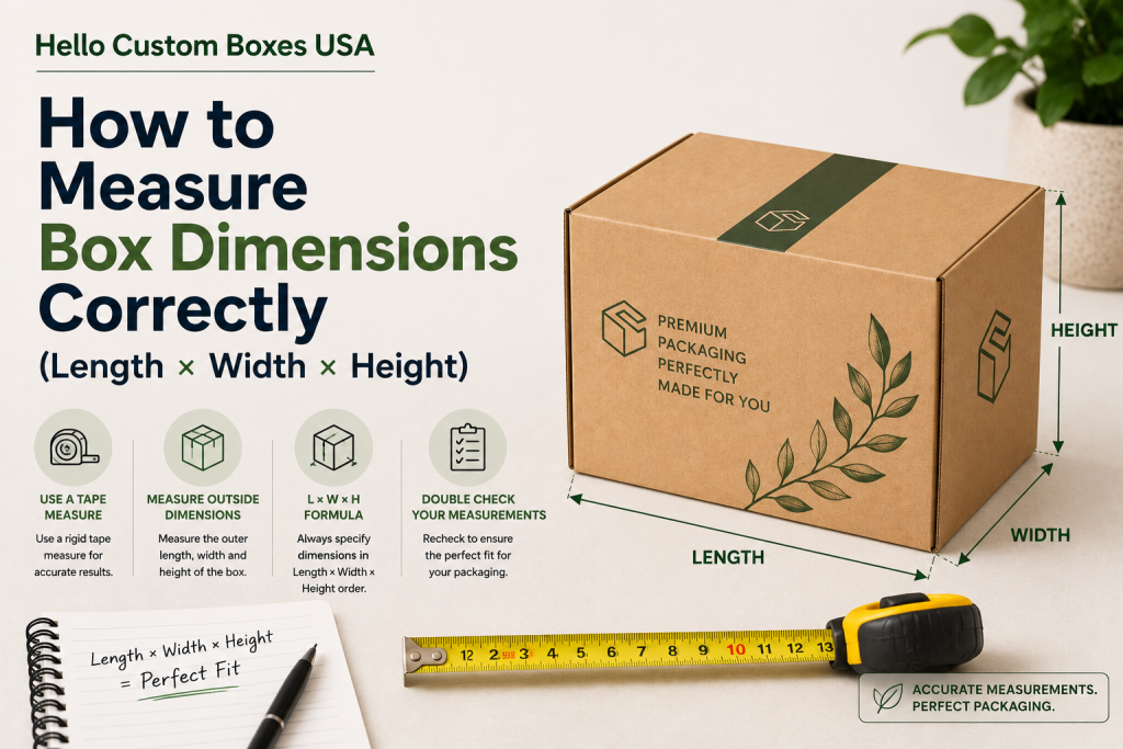 Educational packaging guide showing how to measure box dimensions correctly using length, width, and height for custom cardboard packaging and shipping boxes by Hello Custom Boxes USA