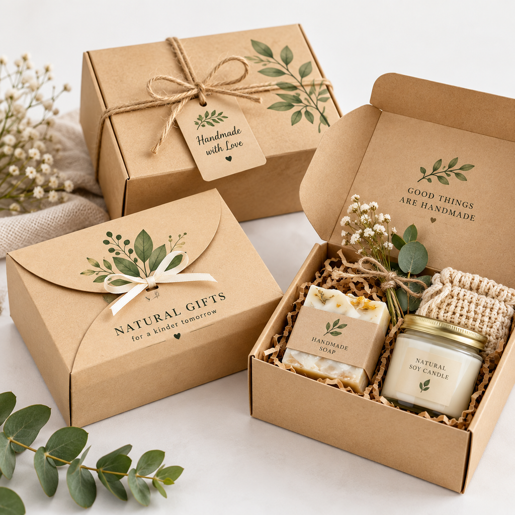 Kraft gift boxes with natural styling for handmade soap, candles, and artisan gifts.
