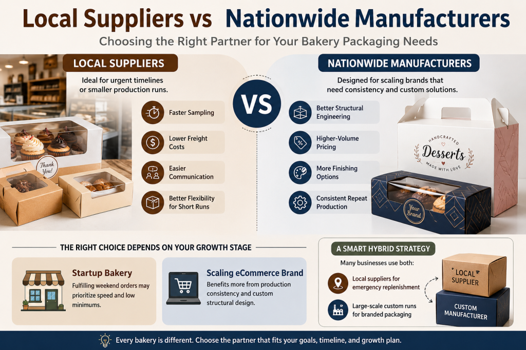 Side-by-side comparison of stock bakery boxes with loose products and custom bakery packaging with fitted inserts, branded design, and neatly packed cupcakes and cookies.