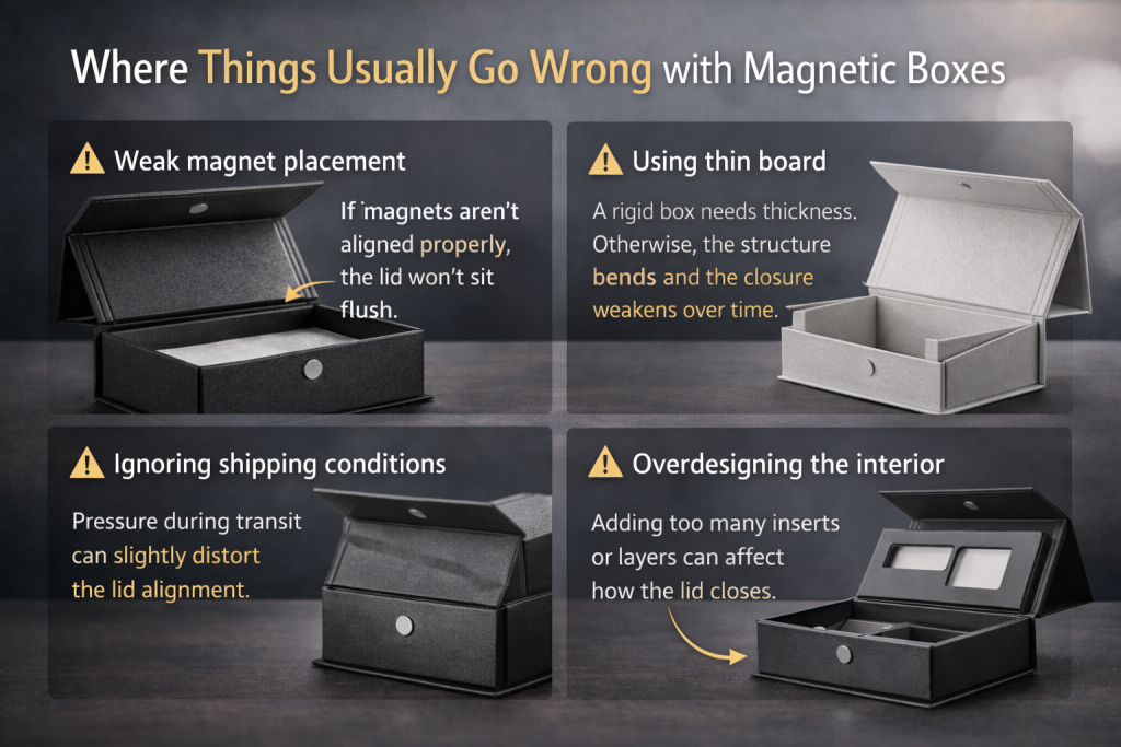 Common magnetic box design mistakes including weak magnet placement, thin board usage, shipping distortion, and overdesigned inserts.