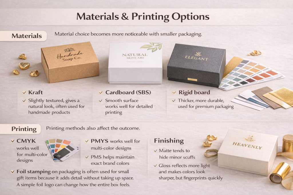 Packaging materials and printing options for small items showing kraft- cardboard- rigid board- CMYK printing- and matte vs gloss finishes