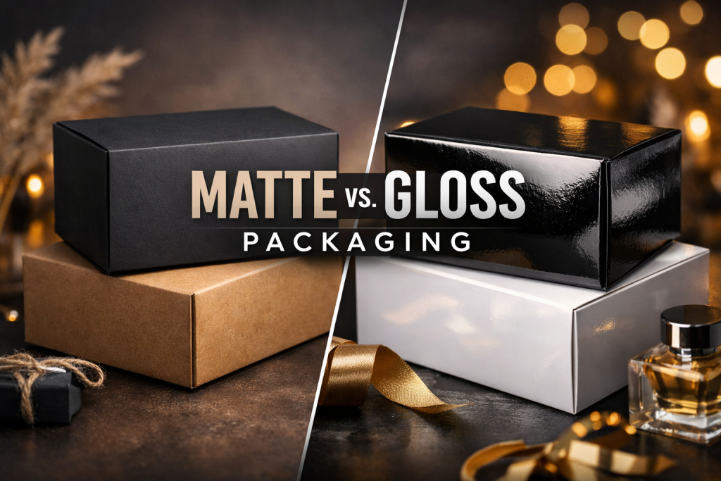 Matte vs gloss packaging comparison showing smooth matte box finish and reflective glossy packaging box design.