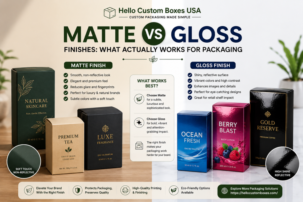 Side-by-side comparison of matte vs gloss packaging finishes featuring custom printed product boxes, showing soft-touch matte packaging and high-shine gloss packaging for retail branding and premium product presentation by Hello Custom Boxes USA