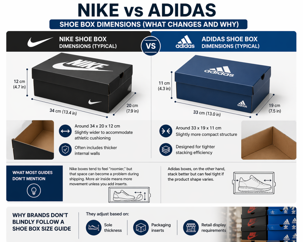 Comparison of Nike and Adidas shoe box dimensions showing size differences- structure- and how each design impacts packaging fit and shipping efficiency