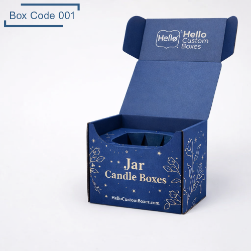 Open custom candle jar boxes with protective insert, blue printed design, and branded packaging for candle jar display.