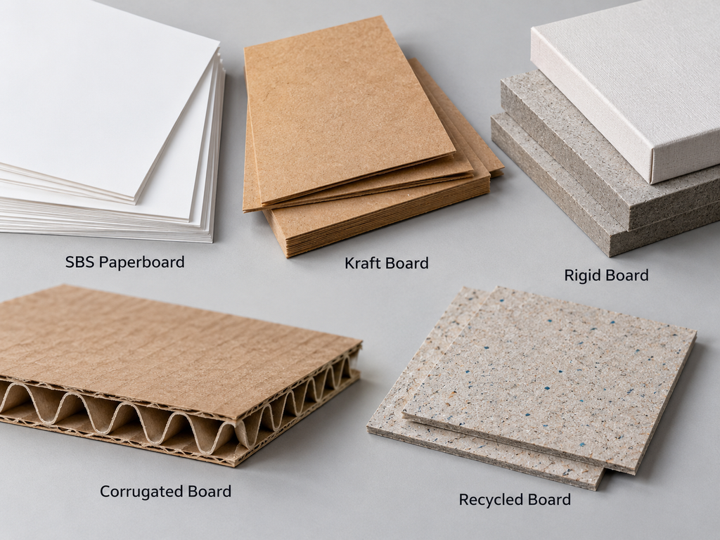SBS paperboard, kraft board, rigid board, corrugated board, and recycled board material samples for custom packaging.