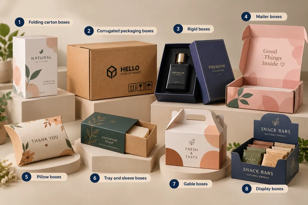 Different packaging box types including folding cartons, corrugated, rigid, mailer, pillow, gable, tray sleeve, and display boxes.