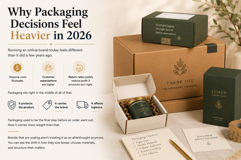 Custom ecommerce packaging boxes and shipping mailers showing how packaging choices improve product protection, branding, logistics, and customer experience in 2026.